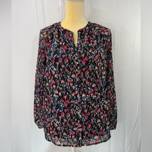 J. Crew Women’s Button Down Floral, Black Pink Blouse, Top Long Sleeve Size M